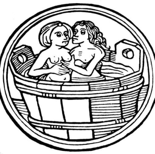 Eine mittelalterliche Badeszene mit Frau und Mann.