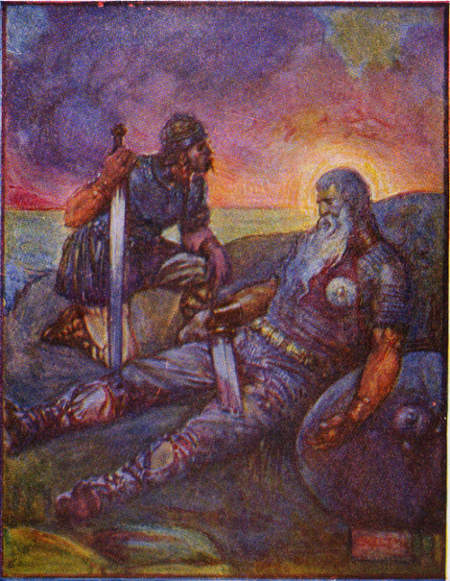 Wiglaf und der schwer verwundete Beowulf nach ihrem gemeinsamen Kampf gegen den Drachen