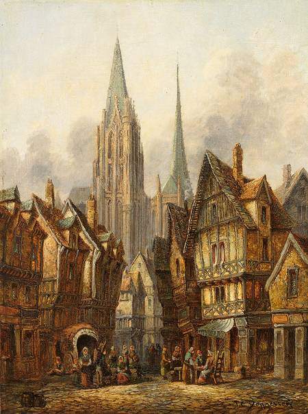 Künstlerische Darstellung einer mittelalterlichen Stadt - Dommersen, 19. Jahrhundert