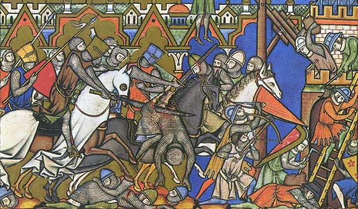 Schwer bewaffnete Ritter in einer Schlacht (Kreuzfahrerbibel, Folium 10)